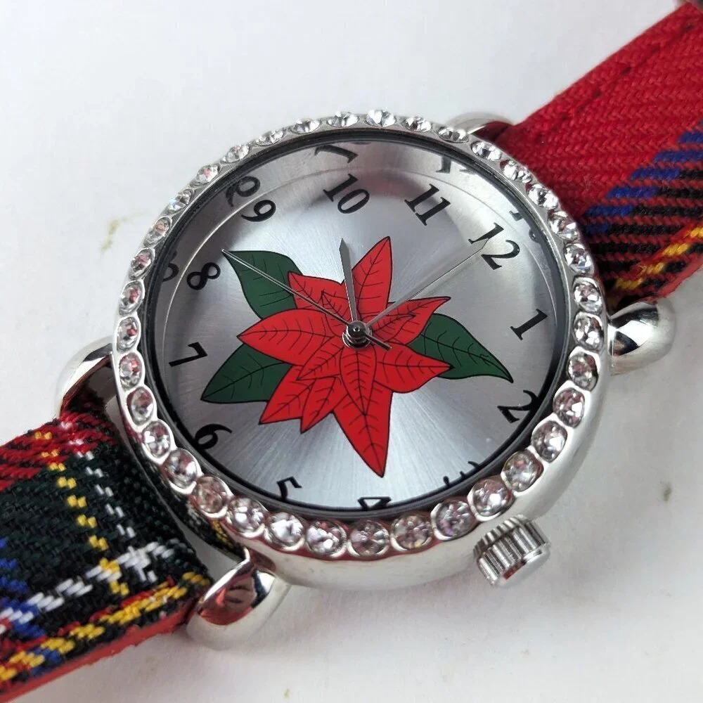 Vintage Christmas Poinsettia Rhinestone Watch
